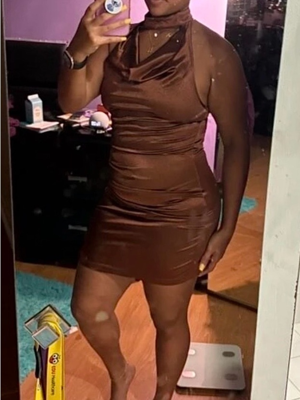 Satin Cowl Neck Halter Mini Dress in Chocolate Brown - Picture 3 of 3